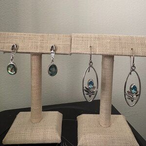 Two Pairs of 925 Silver Earrings for Pierced Ears Abalone and Blue Topaz